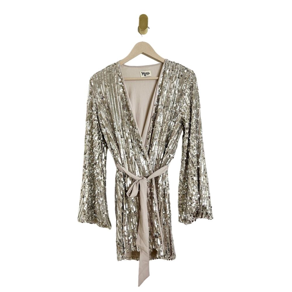 Show Me Your Mumu Giselle Kimono Wrap Silver Sequin Party Mini Dress Small - Picture 8 of 12